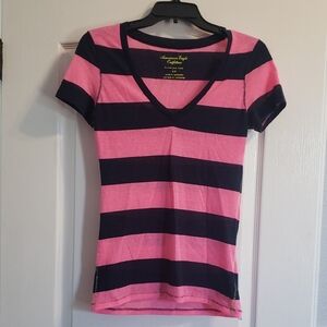 American Eagle Outfitters V-Neck Pink and Navy Striped Tee